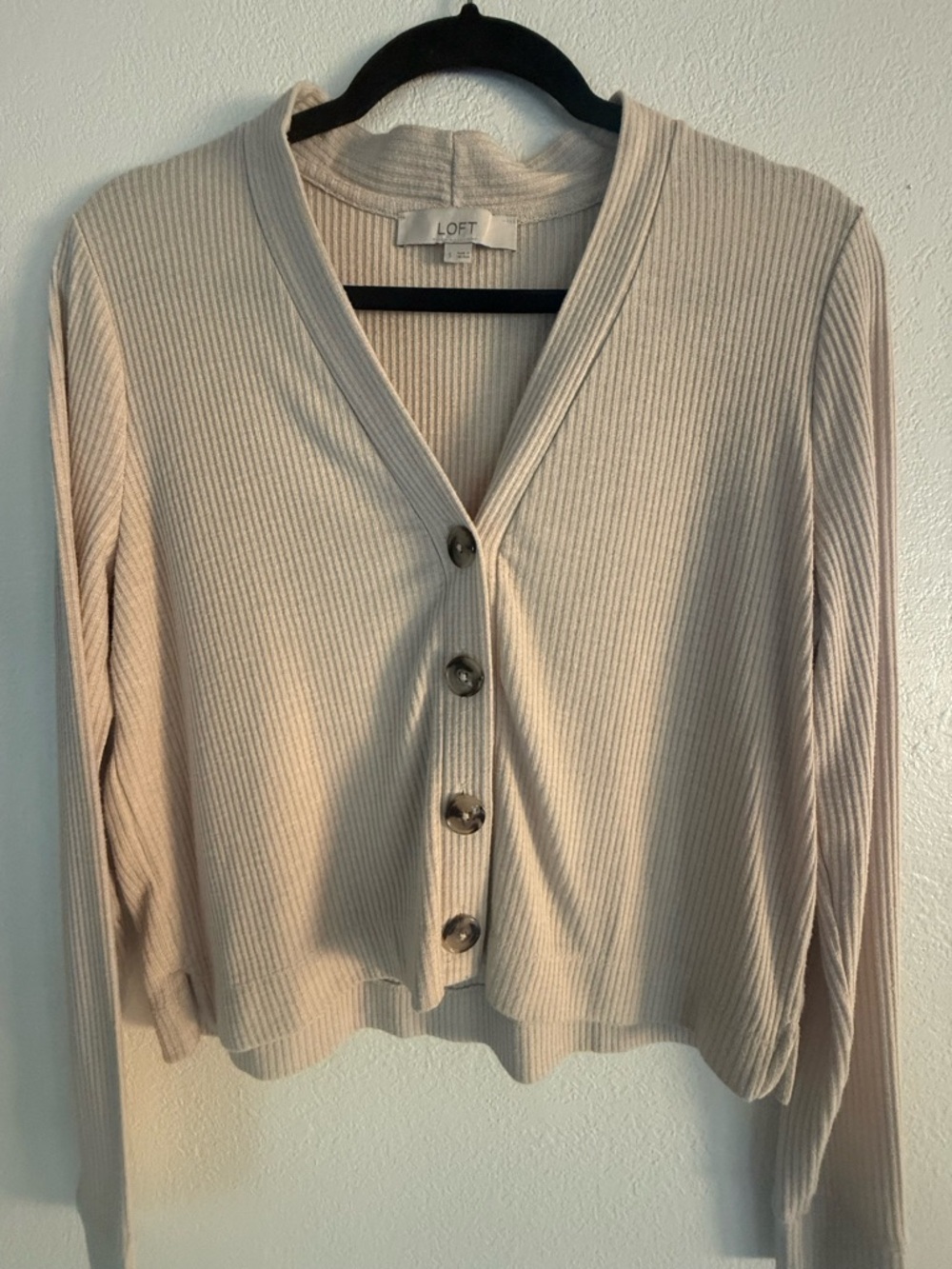 LOFT Beige Ribbed V-Neck Button Cardigan